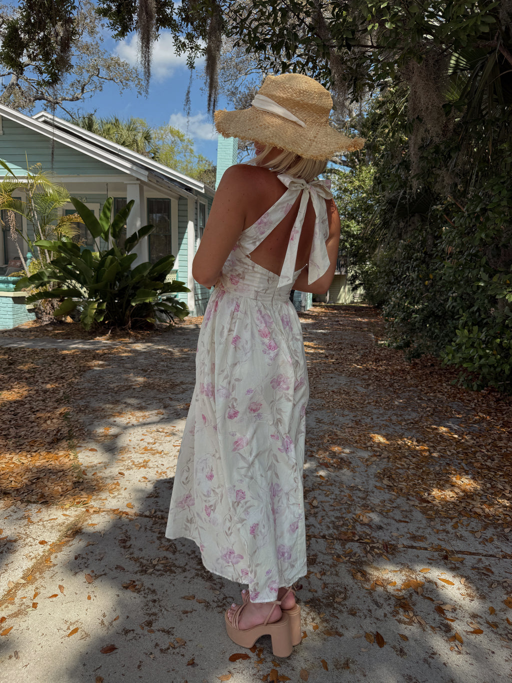 Flora V-Neck Open Back Tie Midi Dress