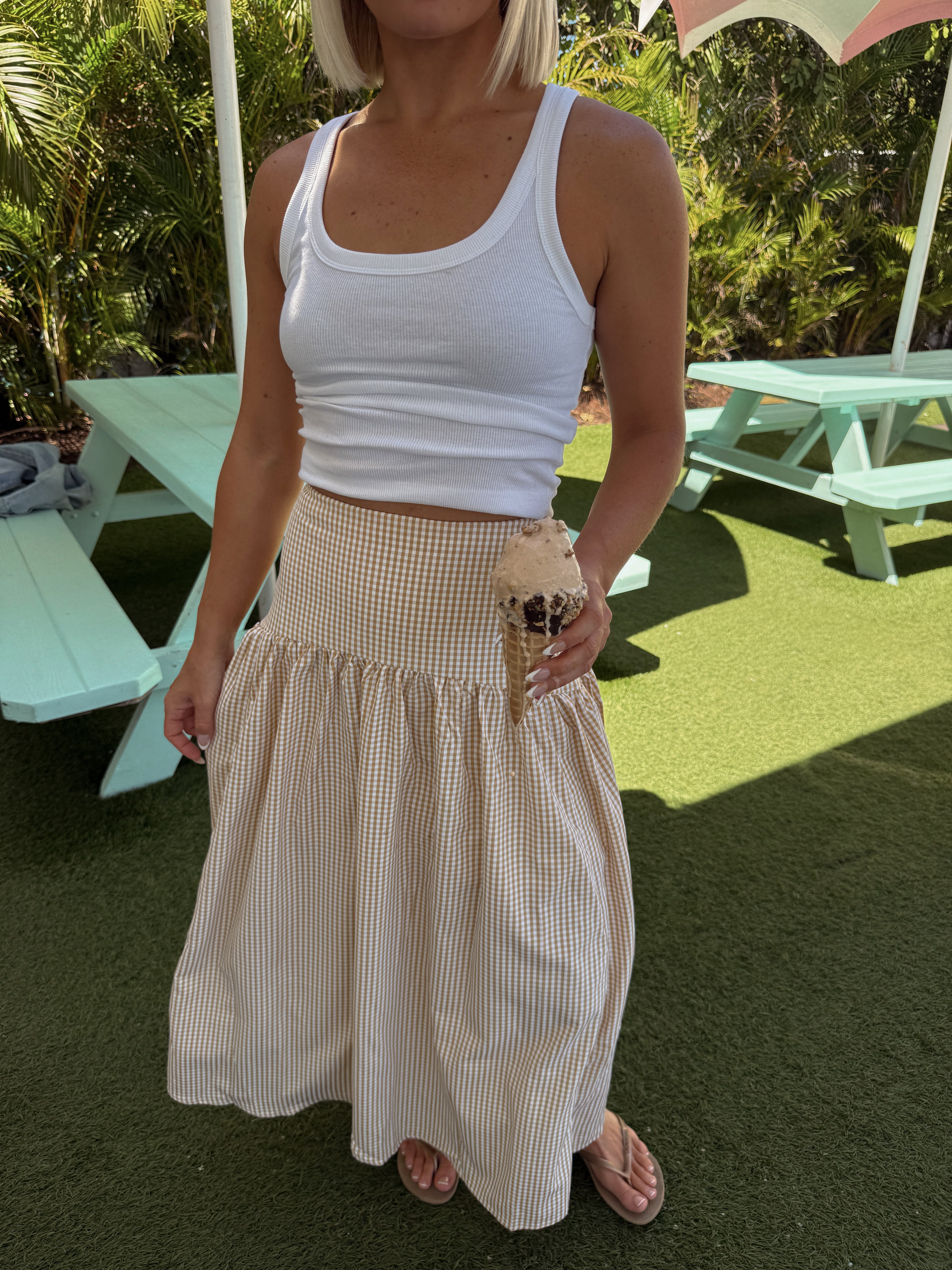 Lola Flared Maxi Skirt - Taupe Gingham