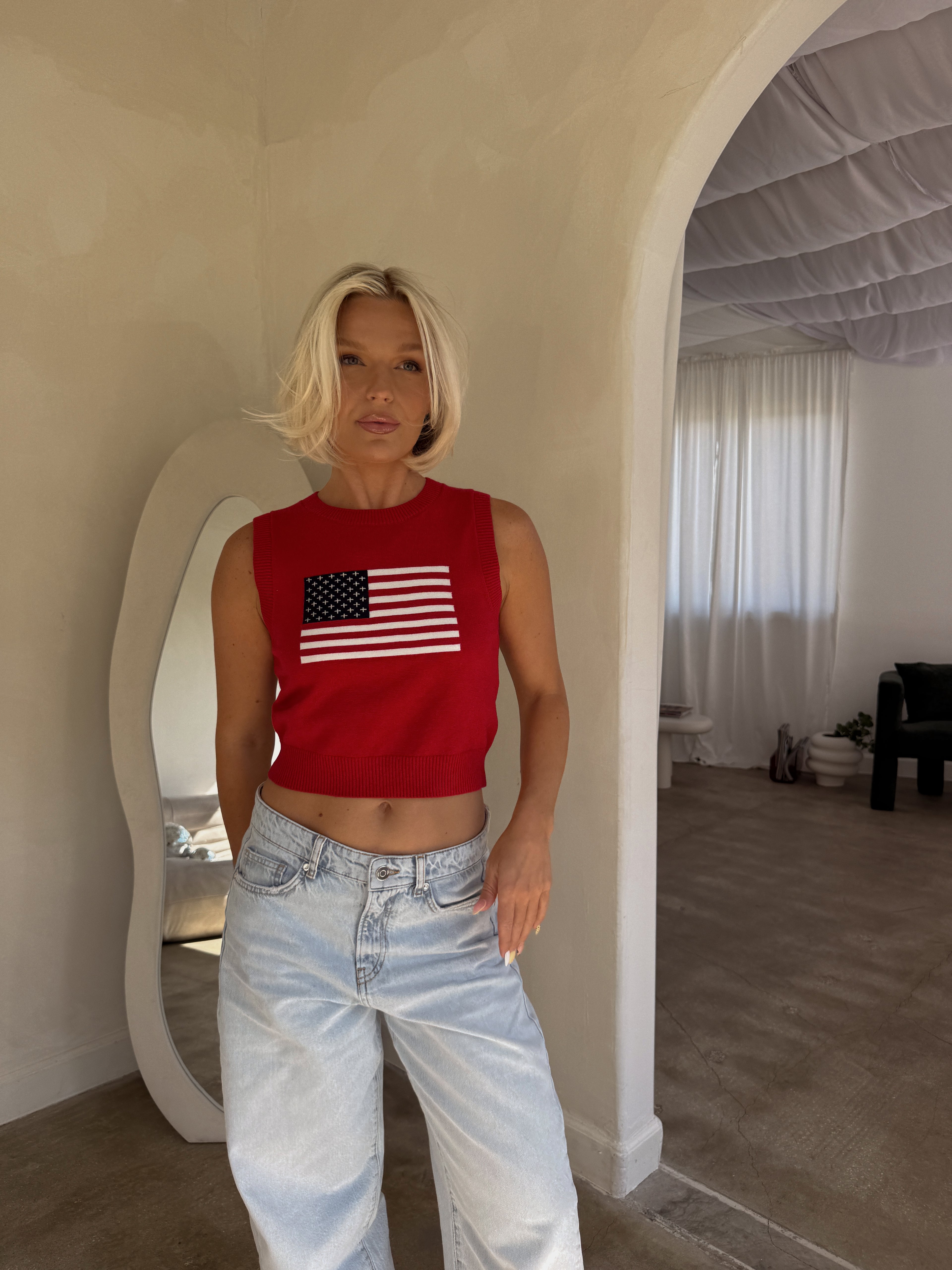 Flag Crop Knit - Red