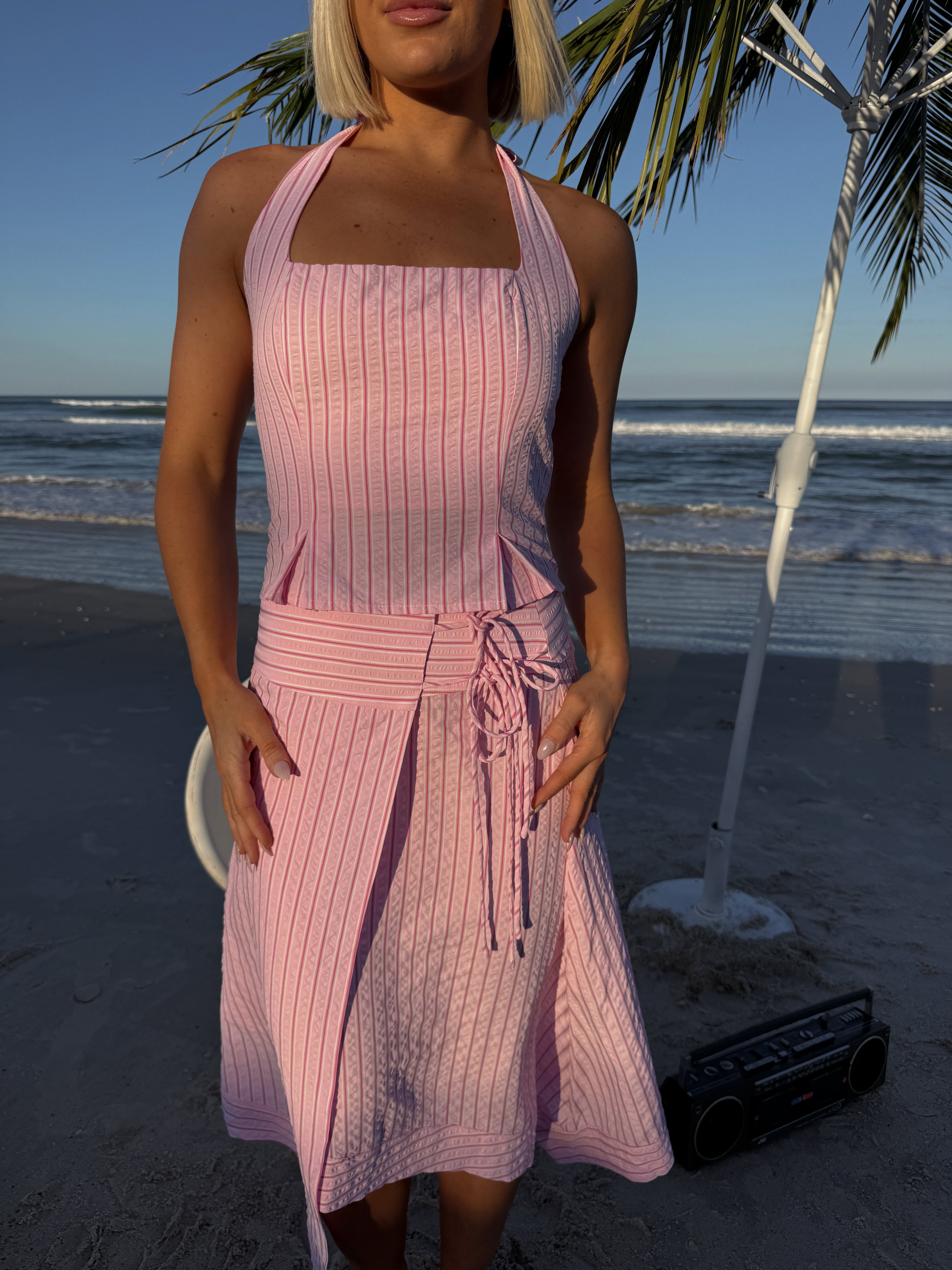 Belle Striped Midi Skirt Set - Pink