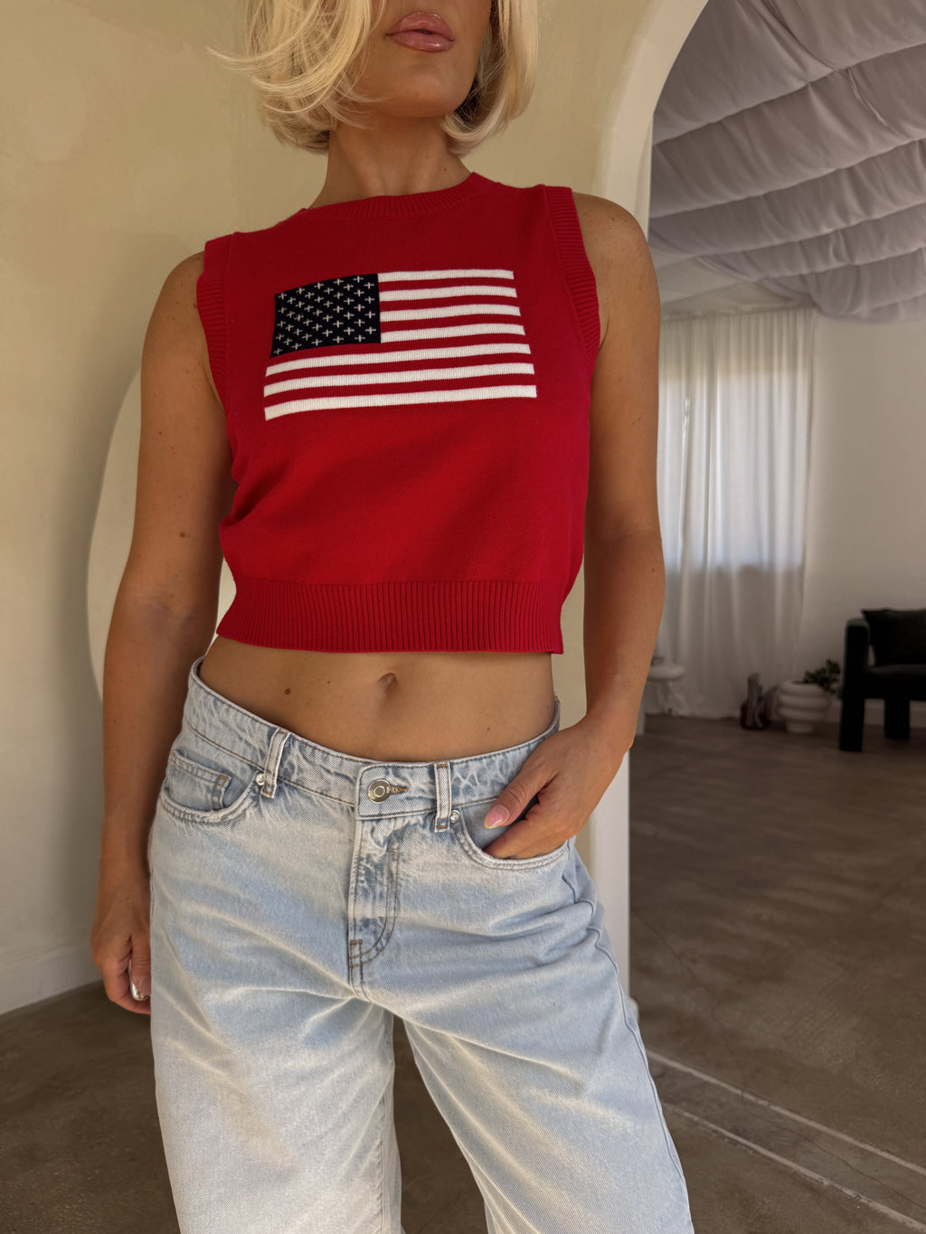 Flag Crop Knit - Red