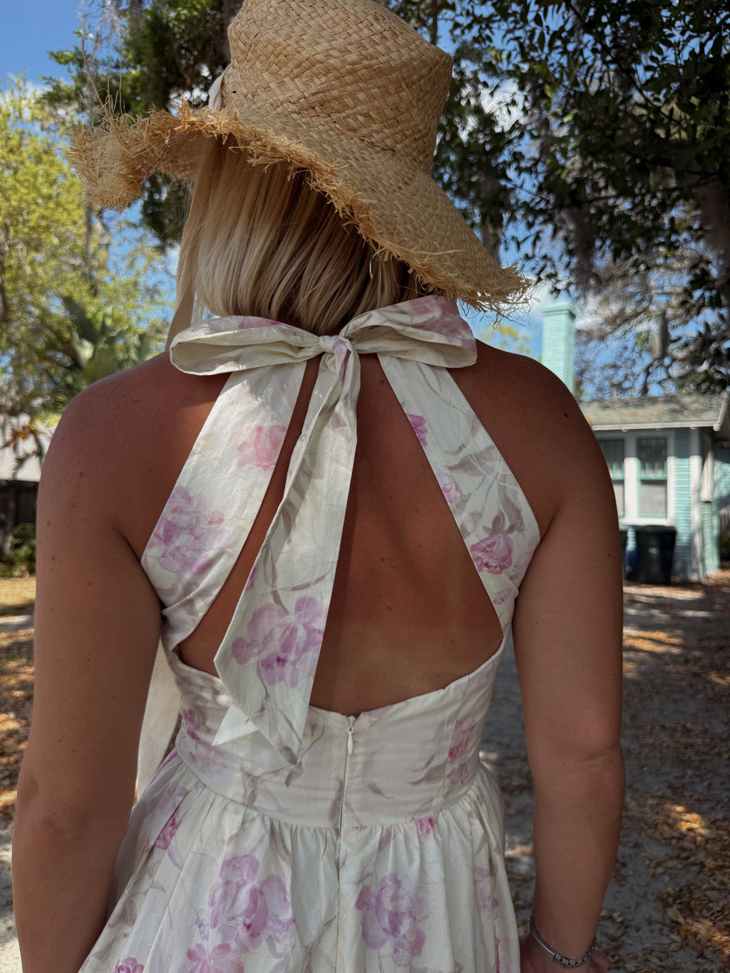 Flora V-Neck Open Back Tie Midi Dress