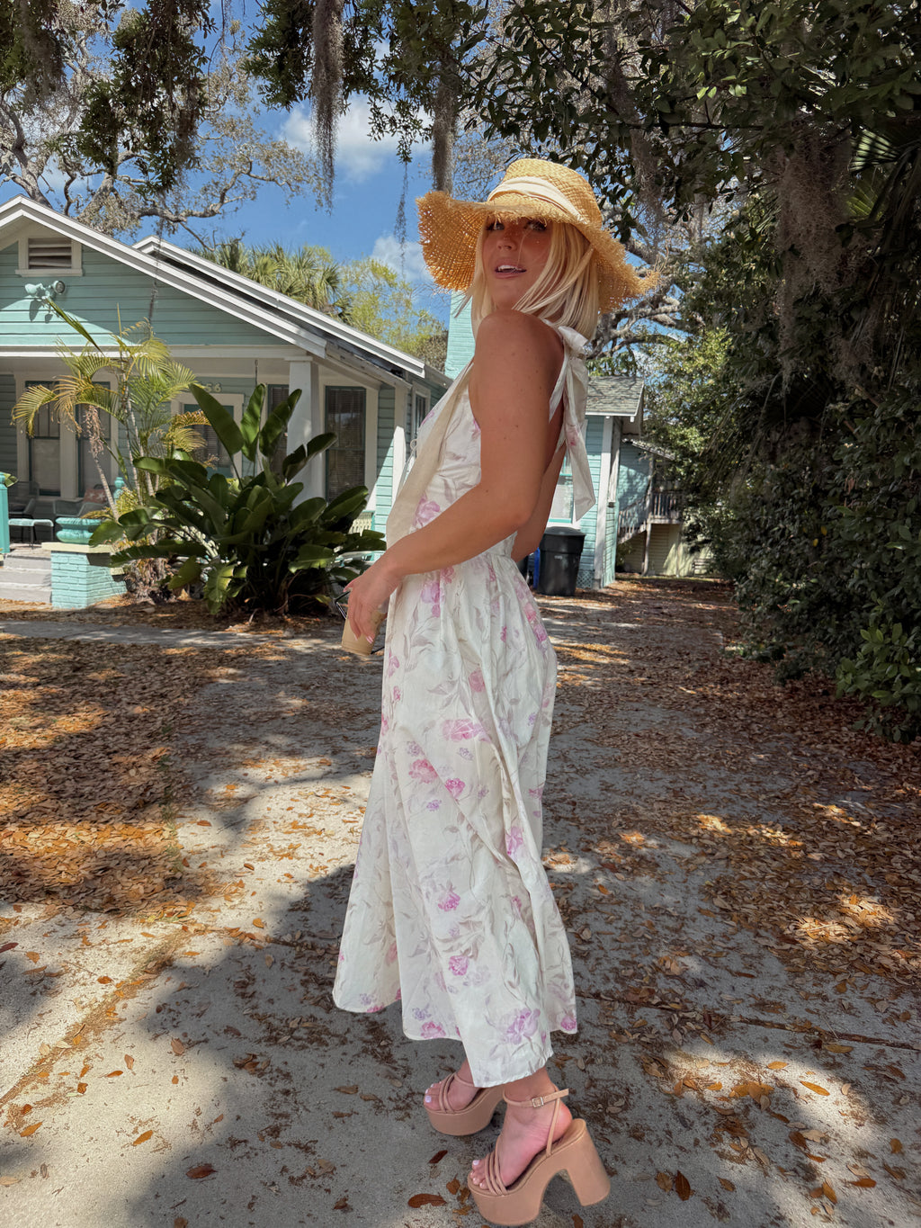 Flora V-Neck Open Back Tie Midi Dress