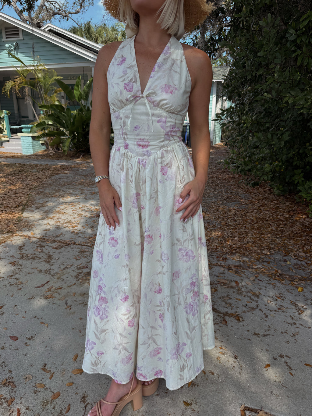 Flora V-Neck Open Back Tie Midi Dress