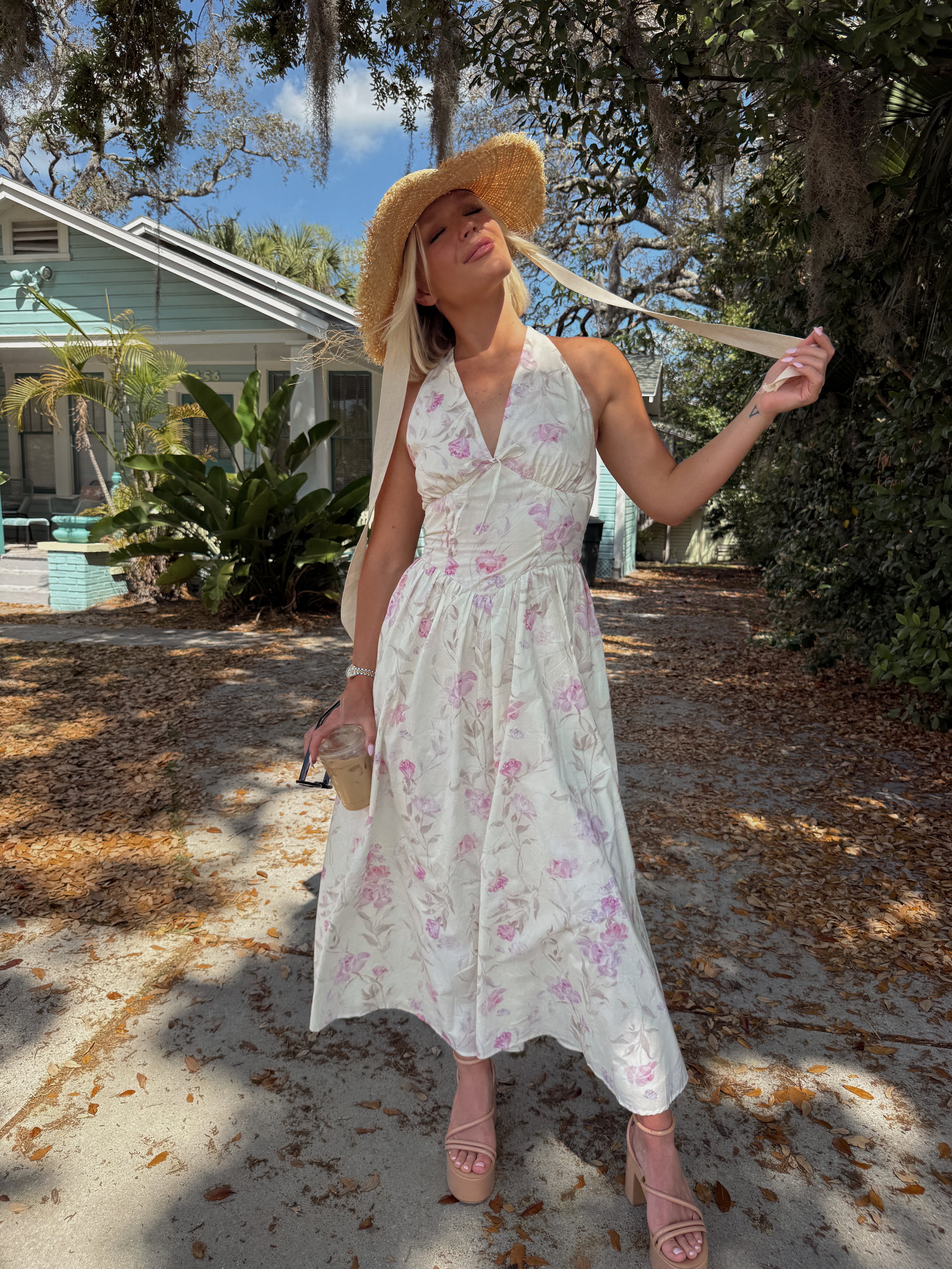 Flora V-Neck Open Back Tie Midi Dress