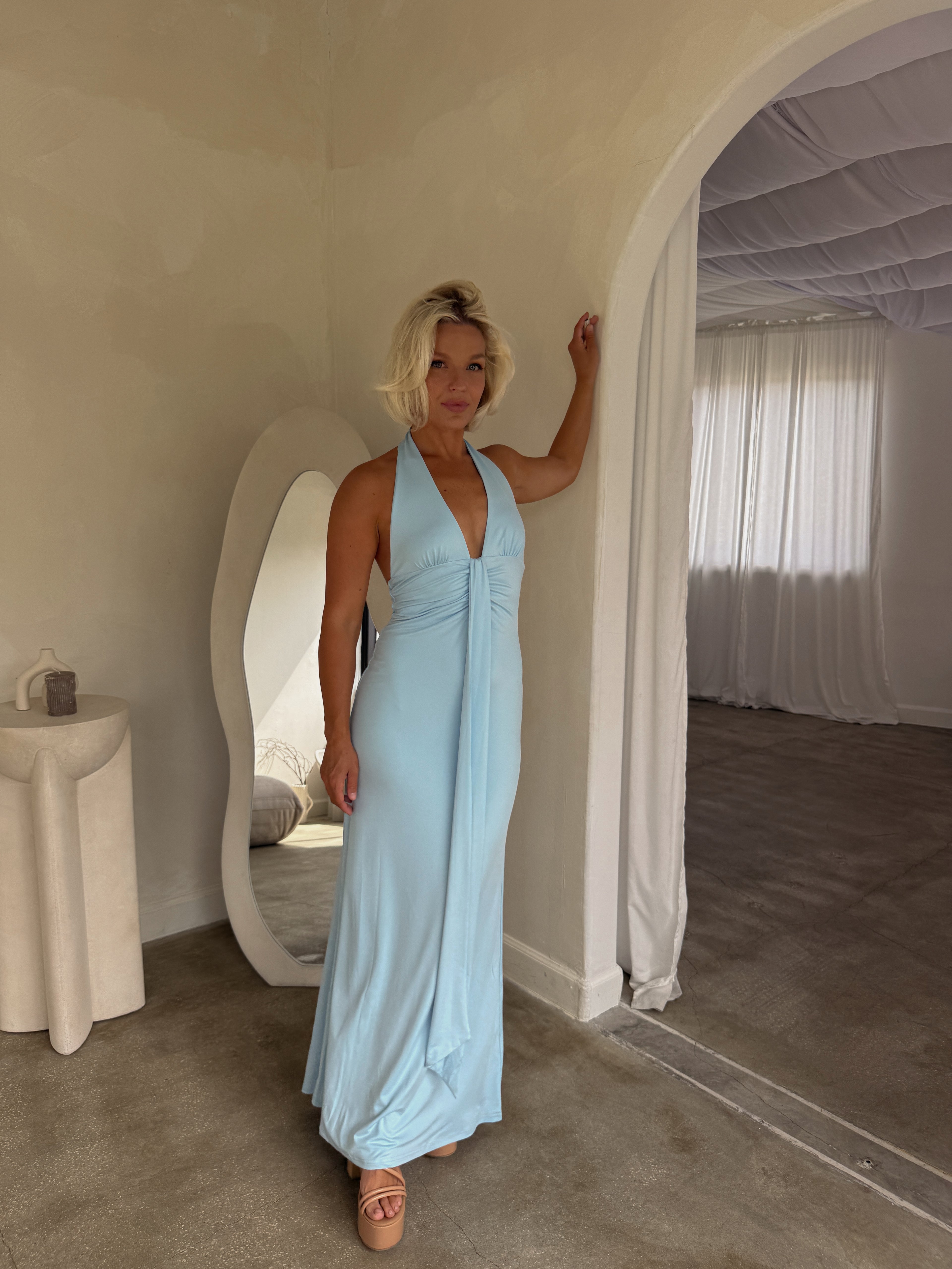 Kaeli Tie Front Halter Maxi Dress - Sky Blue