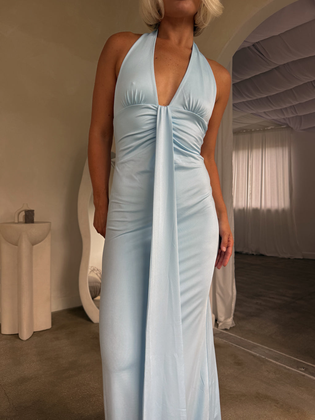 Kaeli Tie Front Halter Maxi Dress - Sky Blue