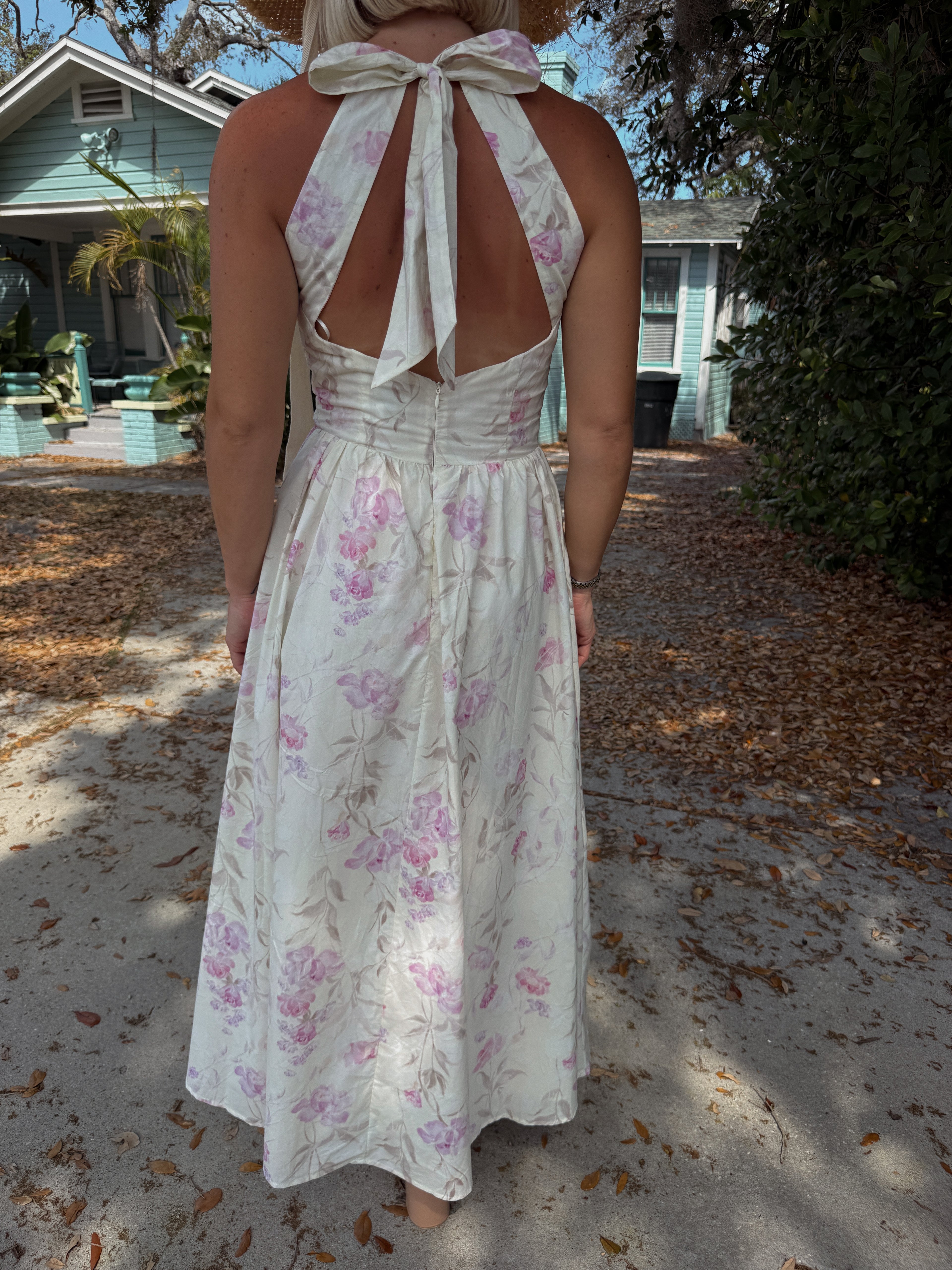 Flora V-Neck Open Back Tie Midi Dress