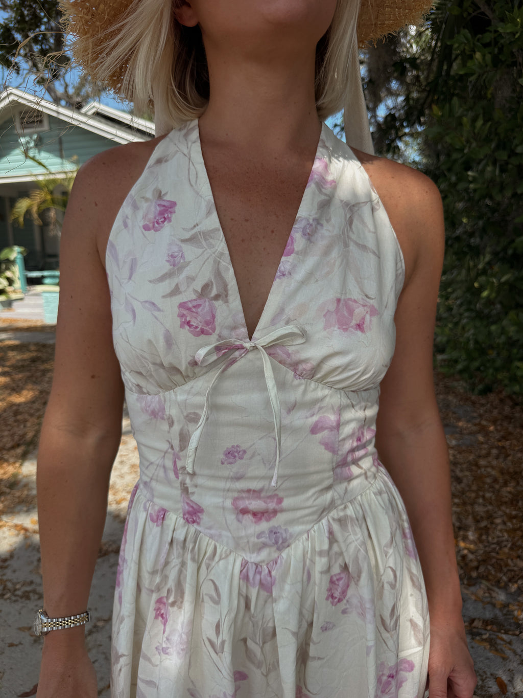 Flora V-Neck Open Back Tie Midi Dress